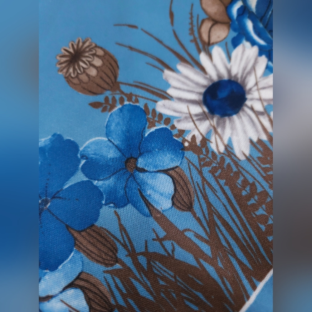 Vintage 70s Blue Silky Polyester Floral Daisy Poppy Top Shirt Women's Small - Picture 13 of 13